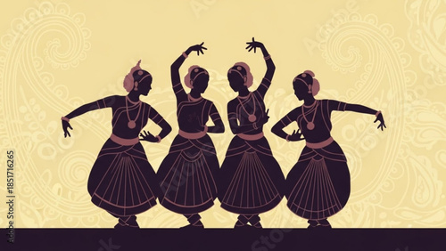 Traditional Indian Bharatanatyam Dancers Performing Classical Dance in Elegant Poses with Ornate Costumes and Accessories in Cultural Festival Setting