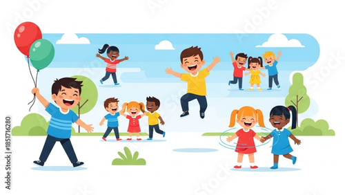 Happy Children Playing Together Outdoors Fun Joyful Kids in Park with Balloons and Jump Rope on Sunny Day