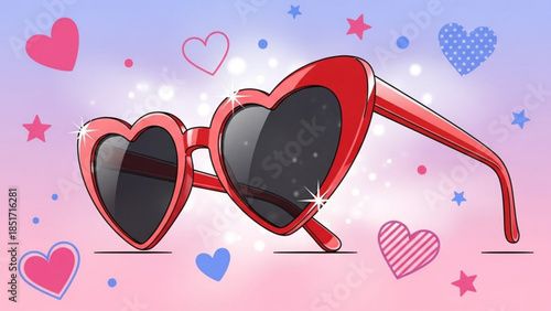 Heart-Shaped Pink Sunglasses with Colorful Hearts and Stars Background Fashion Accessories