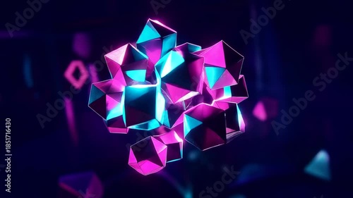 Neon crystal polygon abstract glowing shape cyber light futuristic cluster 3d render digital art polyhedron geometry modern minimal design luminous object science fiction vibrant color diamond energy