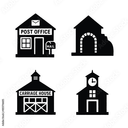 Collection of Four Black Silhouette Building Icons Post Office Carriage House Keywords: building, icon, silhouette