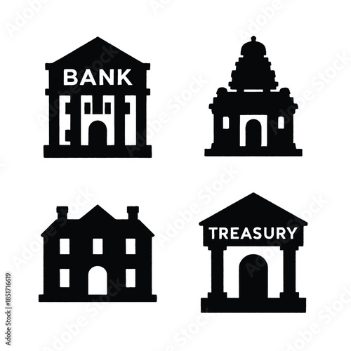 Four Black Silhouettes of Financial and Government Buildings Keywords: building, silhouette, icon, financial