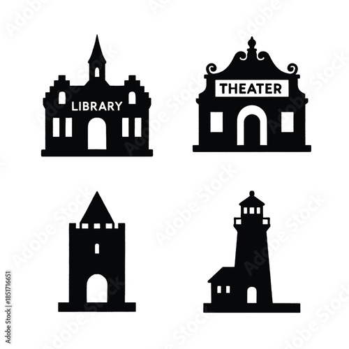 Four Black Silhouettes of Public and Coastal Buildings Keywords: building, silhouette, icon, public, coastal