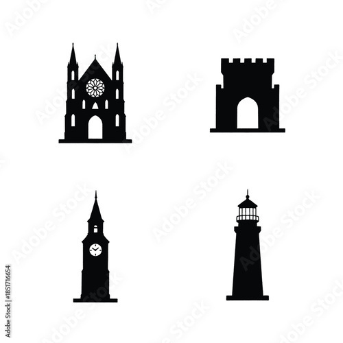 Four Black Architectural Landmark Silhouettes On White Background church castle