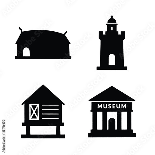Four Black Silhouettes of Historic and Cultural Buildings Keywords: building, silhouette, icon, historical, cultural