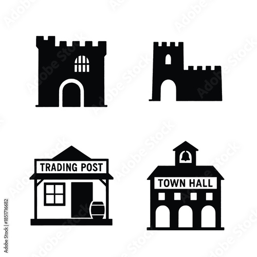 Four Black Silhouettes Of Historic Buildings And Establishments On White castle tower