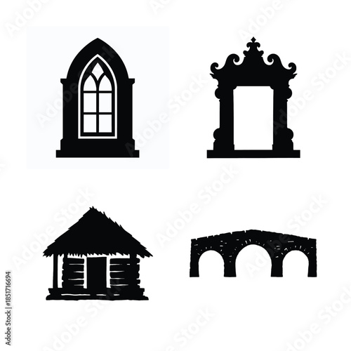 Black silhouettes of gothic window log cabin ornate archway and stone bridge gothic window silhouette