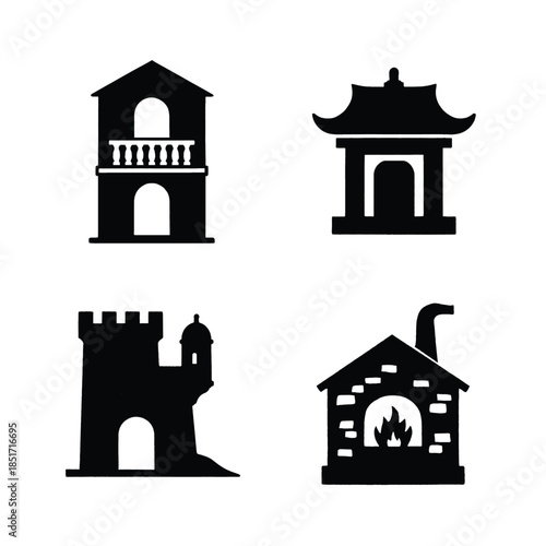 Four Black Silhouettes Of Diverse Structures On White Background tower pagoda