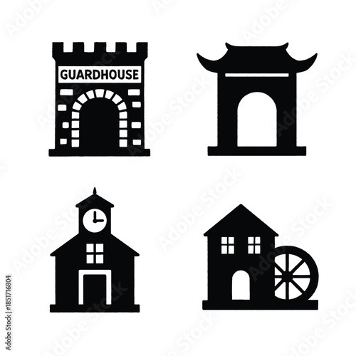 Four Black Silhouette Building Icons Guardhouse Pagoda Clock Tower Keywords: building, icon, silhouette, guardhouse