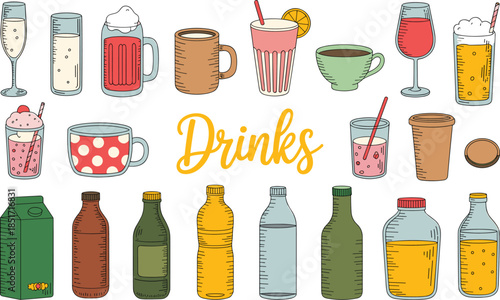 Hand drawn beverage collection set with milk carton juice bottles beer mug coffee cups and refreshing fruit smoothies