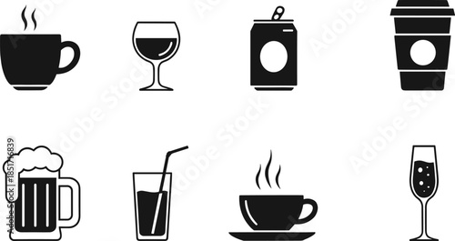 Minimalist beverage icon set with coffee cup wine glass soda can beer mug and champagne flute for bar menu