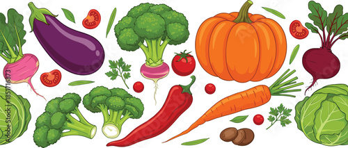 Seamless vegetable border set with pumpkin broccoli eggplant carrot red chili cabbage and radish for healthy food design