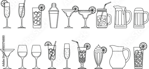 Cocktail and barware line icon set with champagne flute martini glass margarita shaker beer mug and refreshing summer drinks