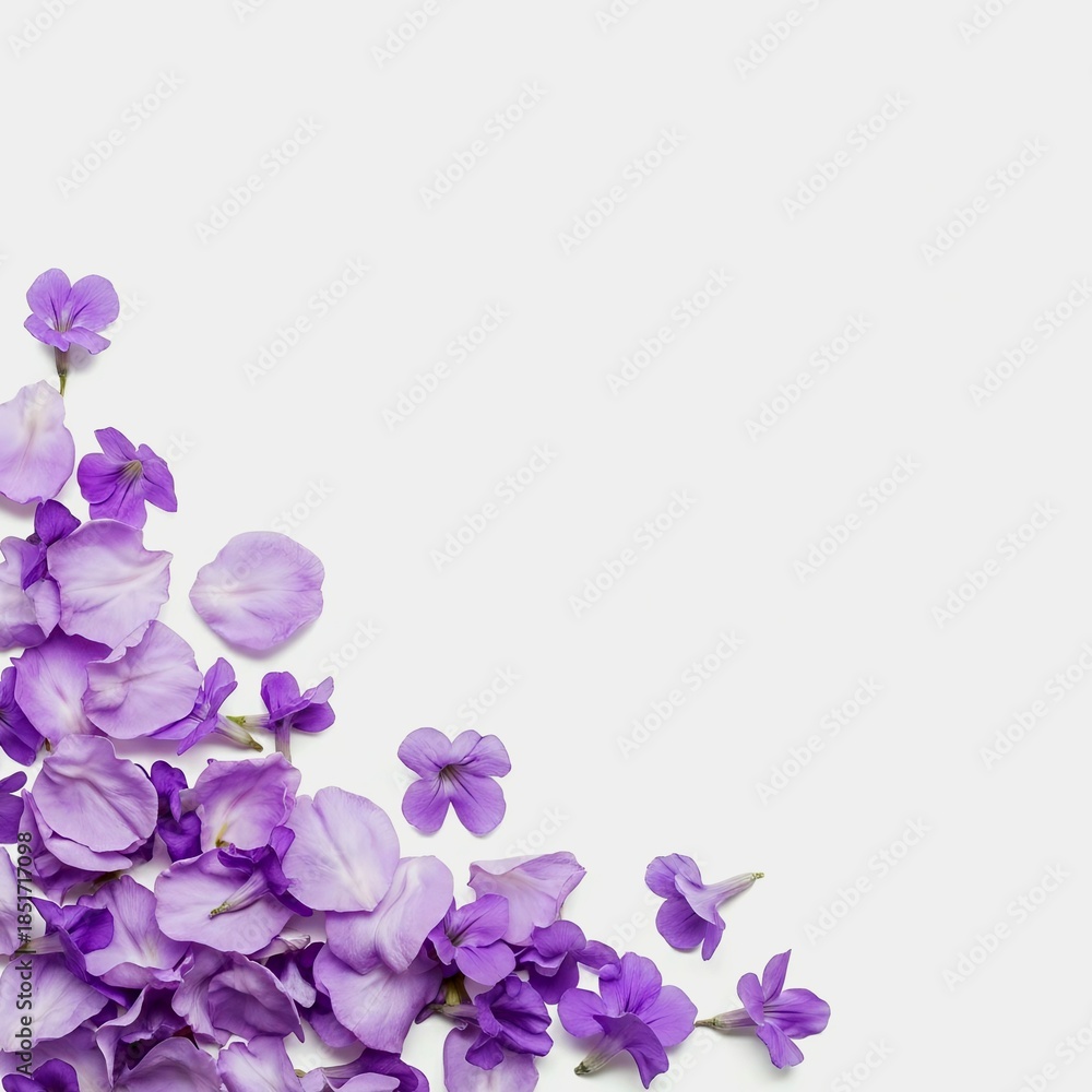 custom made wallpaper toronto digitalPurple flower petals and small blooms arranged in bottom-left corner on light gray background, flat lay minimalist composition.