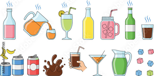 Fresh beverage collection set with juice pitcher cocktails soda cans glass of milk hot coffee and chocolate splash