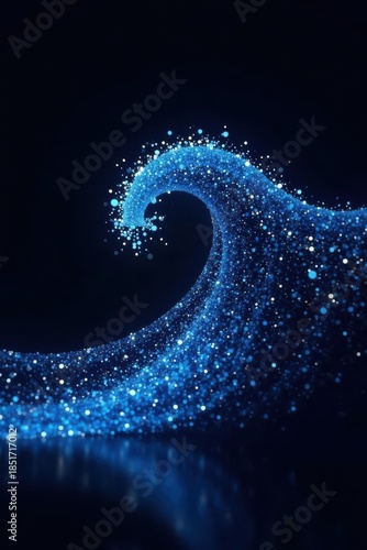 Abstract Blue Particle Wave Swirling in Dark Space, a Dynamic Digital Art Composition Featuring Glimmering Lights and a Sense of Motion and Energy