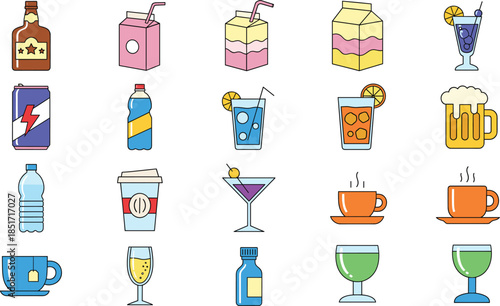 Beverage and drink icon set featuring coffee tea soda milk carton beer bottle cocktail and water for restaurant menu