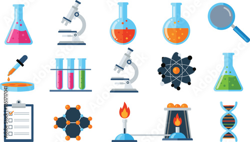 Chemistry and biology laboratory flat icon set with microscope colorful glass beakers DNA strand atom model and magnifying glass