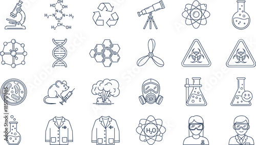 Science and biology laboratory research icon set with microscope DNA strand lab coat scientist character and chemical formulas