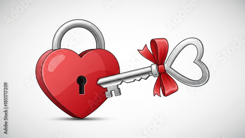Heart Shaped Lock and Key with Red Bow Symbolizing Love and Romance on Valentine's Day or Anniversary Gifts