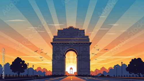 Gateway of India Illustration, Delhi Arch Monument, Sunrise Landscape View, Indian Architecture, Travel Destination, Famous Landmark
