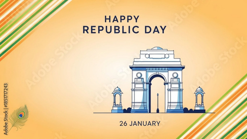Happy Republic Day India Celebrations with Gate Arch 26 January Indian Flag Colors