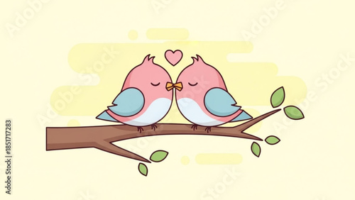 Cute Cartoon Birds Sitting on Branch, Love Birds Illustration, Pink Birds with Blue Wings on Tree, Valentine's Day Symbol