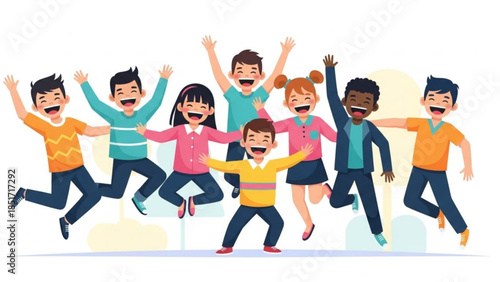 Diverse Group of Happy Children Jumping Together in Joyful Fun, Smiling Kids in Colorful Casual Clothing Play Outside