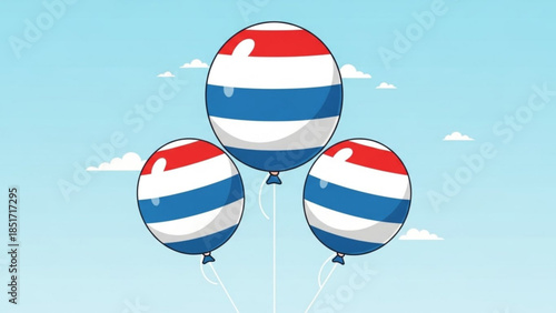 Colorful Dutch Flag Balloons Floating Freely in Sky with Fluffy White Clouds on a Bright Summer Day Outside