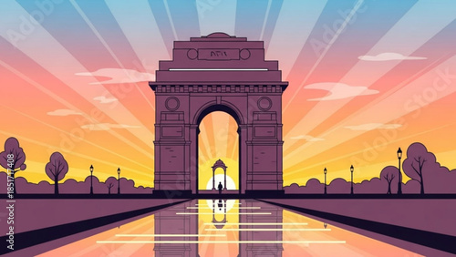 Gateway of India Illustration, Mumbai Landmark, Famous Arch, Indian Icon, Tourism, Travel, Asia, Architecture, Sunset, Water Reflection