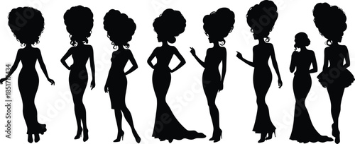 Eight elegant female silhouettes in varied dresses and hairstyles, fashion silhouettes, diversity in style and pose, vector illustration for editorial and design