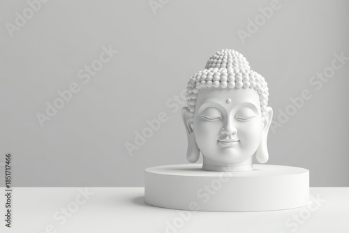 Serene White Buddha Head Sculpture on Minimalist Pedestal, Symbolic of Peace and Tranquility