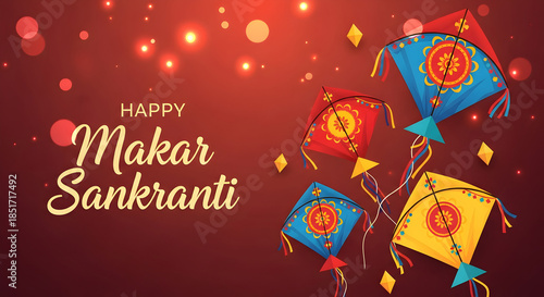 Happy makar sankranti greeting card with colorful kites flying on dark purple background