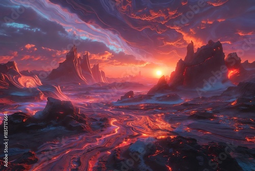 A dramatic and surreal alien landscape at sunset, featuring towering jagged rock formations and glowing molten rivers under a vibrant, swirling sky filled with purple and orange hues.