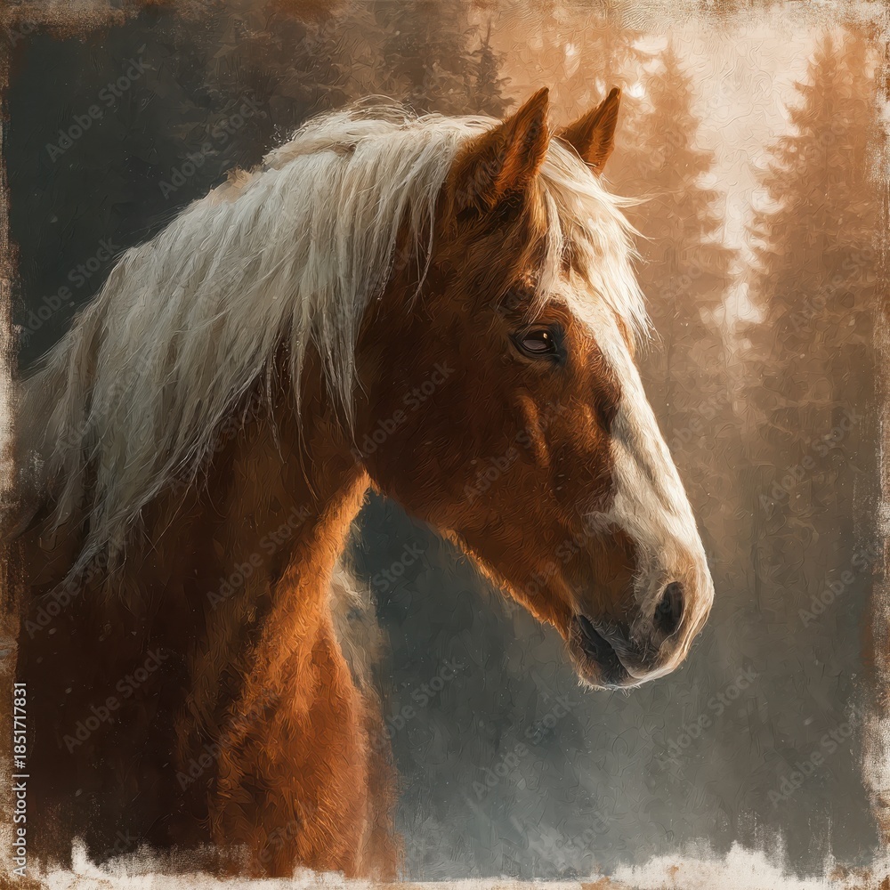 Obraz premium Elegant brown horse with white mane standing in a warm, ethereal forest light