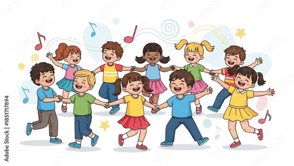 Fototapeta premium Happy Children Dancing Together Singing Joyful Music Friendship Harmony