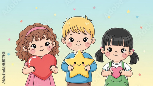 Cute Cartoon Children Holding Hearts and Star Symbols of Love Friendship Joy Happiness Smiling Kids Illustration