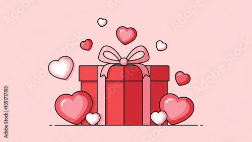 Valentine's Day Gift Box Surrounded by Hearts and Love Symbols on Pink Background for Romantic Occasions and Celebrations