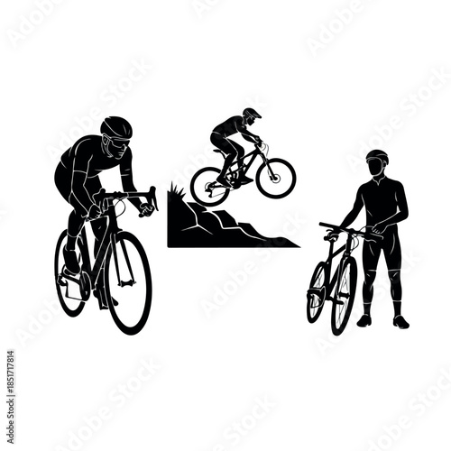 Silhouettes of cyclists engaged in various forms of biking activities.