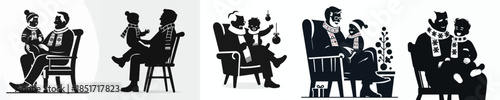 vector silhouette grandfather holding grandchild in chair at christmas