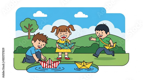 Children Playing with Paper Boats in Park on Sunny Day with Green Grass and Blue Sky