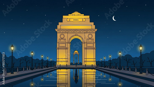 India Gate Monument at Night, Illuminated Arch, Reflections in Water, Cityscape, Landmark, Travel Destination