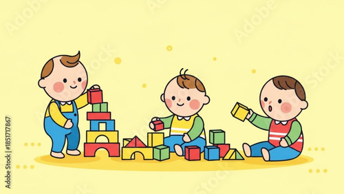 Three happy children playing blocks, building castle, stacking toys, childhood fun, learning development, kids playtime, educational activity
