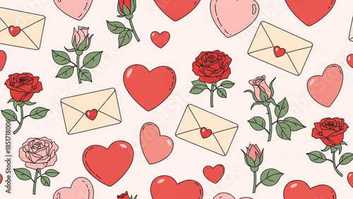 Valentine's Day Love Hearts Roses Envelopes Pattern Background Romantic Illustration