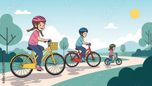 Children Riding Bikes Safely Outdoors, Kids Cycling Together, Bicycle Fun in Park, Happy Children on Bikes, Outdoor Fun for Kids