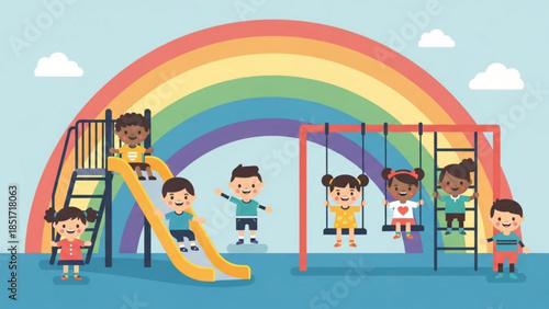 Colorful Playground Scene with Kids Playing on Swings and Slide Under Rainbow, Fun and Happy Children at Recreation Area