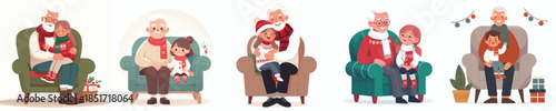 vector grandfather holding grandchild in chair at christmas