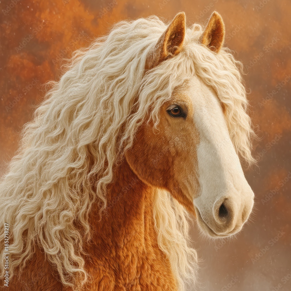 Obraz premium Elegant brown horse with long curly white mane gazes softly into autumnal scenery at golden hour