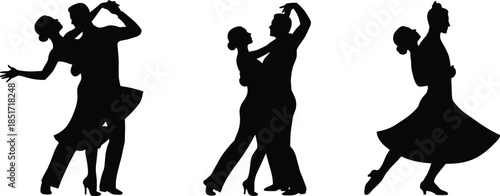Elegant ballroom dance silhouettes, dancing couples in motion, romantic partner pose, fluid movement, vector illustration, graceful waltz, dramatic spin and lift