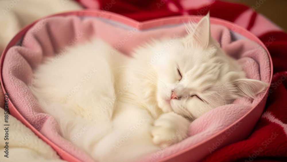 Obraz premium Adorable white kitten sleeping in pink heart shaped bed